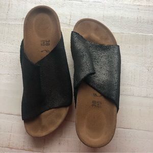 Birkenstocks Papillio Namica Washed Metallic Antique Black Wedge Sandals